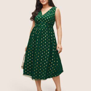 ✨  Green & Gold Glitter Polka Dot Pocket Midi Patchwork Dress  ✨
